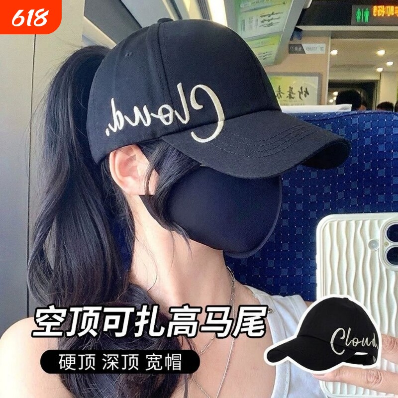 夏款空顶扎马尾女2026遮阳帽防晒显脸小大头围鸭舌帽子魔术贴白色