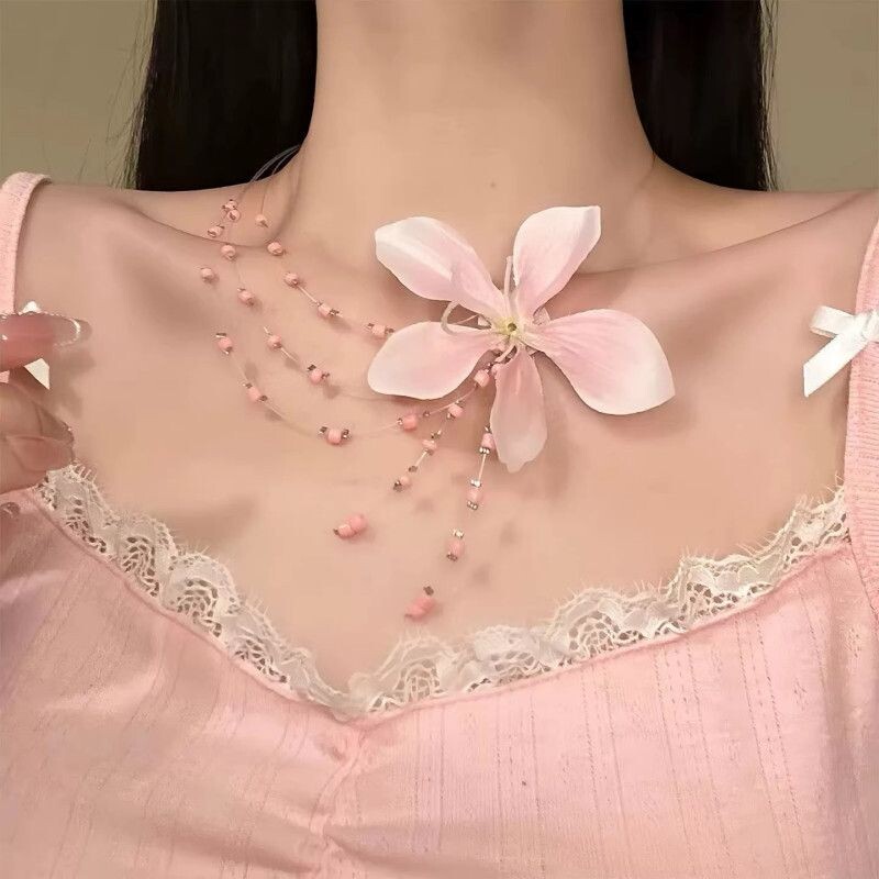 春夏季粉红色花朵串珠项链多层叠戴锁骨链choker海边氛围感颈链