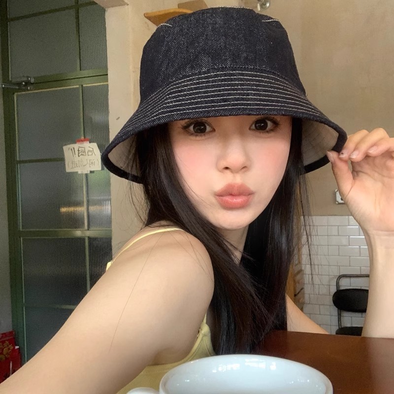显脸小渔夫帽子女2025遮阳百搭牛仔蓝防晒新款盆帽潮大檐可折叠