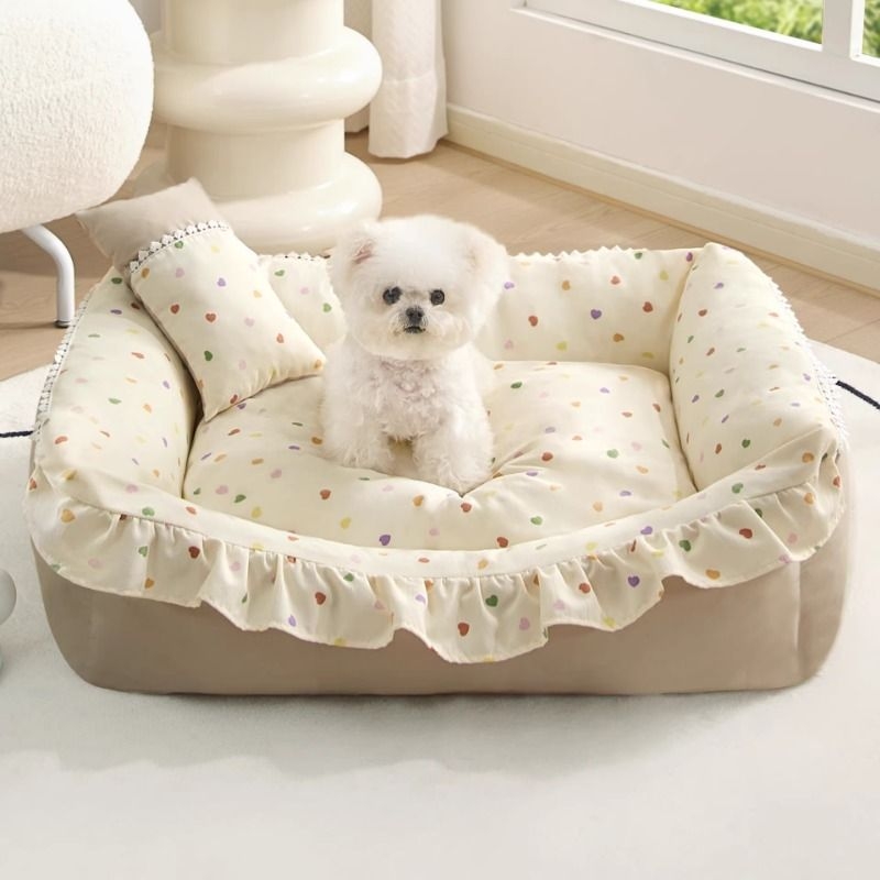 宠物狗窝花边方窝大空间靠枕狗床狗垫子四季公主风狗床韩版满印风