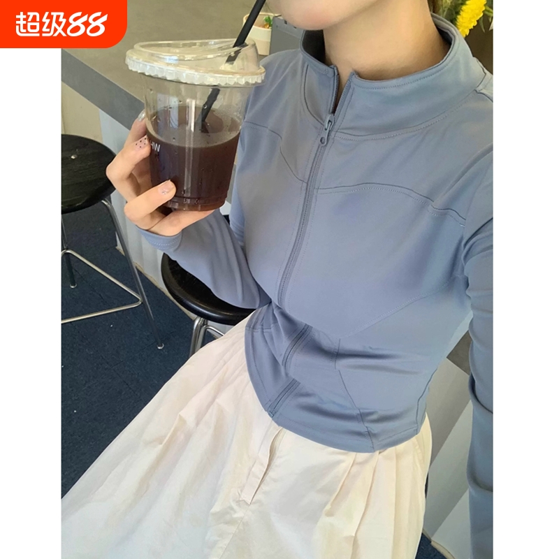 瑜伽服外套女秋季紧身跑步上衣健身速干透气拉链开衫运动骑行蓝色