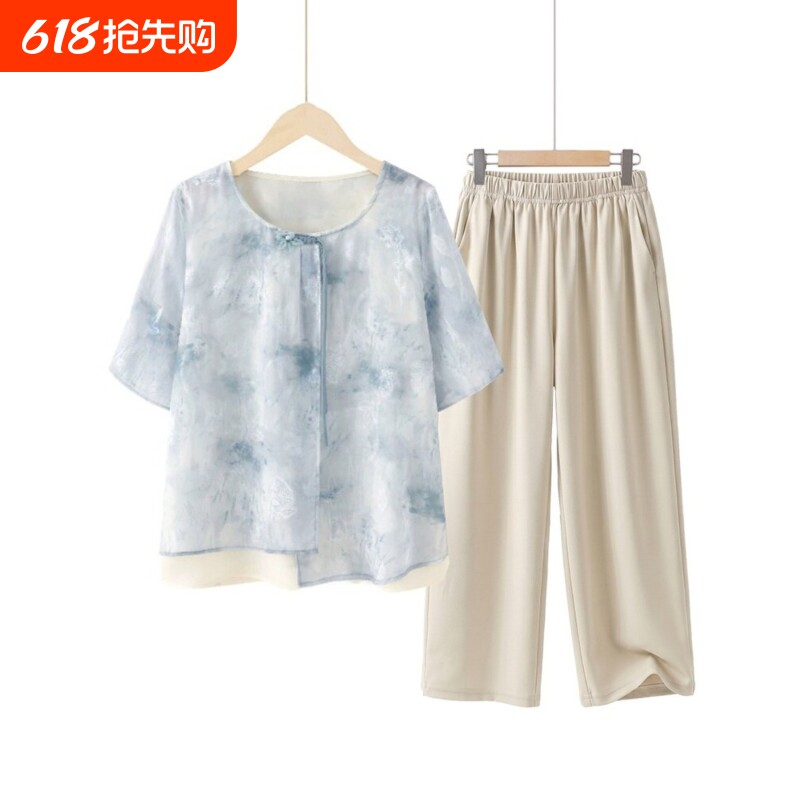时尚妈妈夏装短袖小衫套装中老年人洋气女装新中式T恤休闲上衣服