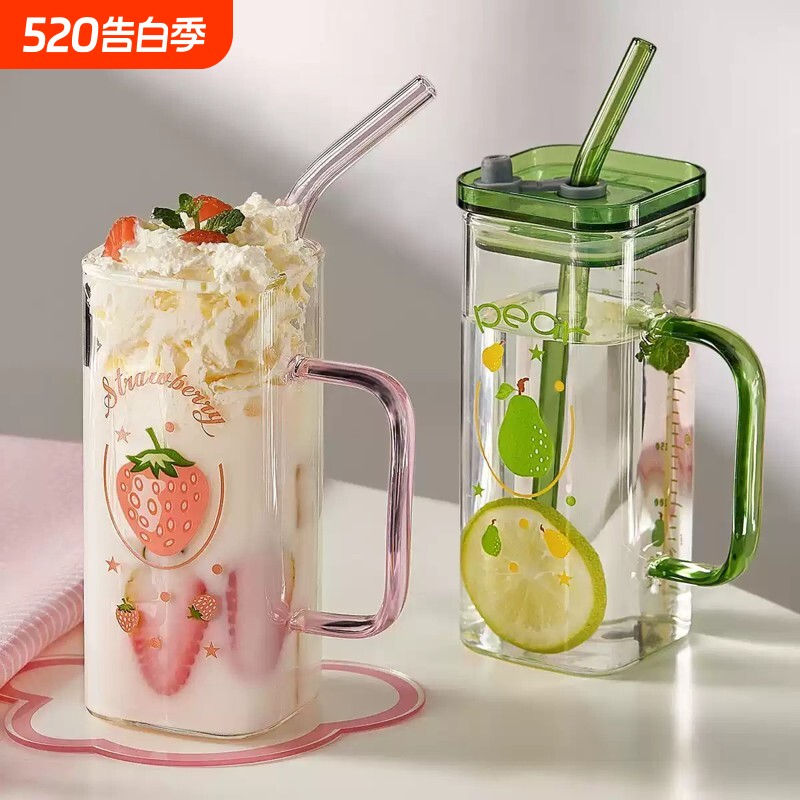 高硼硅彩色玻璃杯把手高颜值水杯ins牛奶吸管杯果汁杯方形耐高温