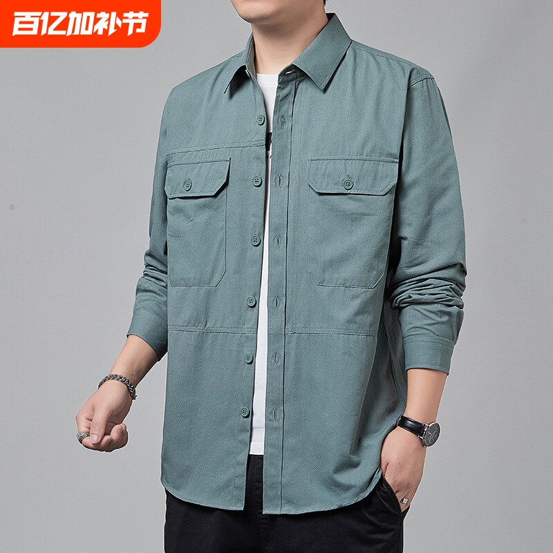 新款长袖港风衬衫男士春季工装翻领上衣服纯棉休闲衬衣外套男帅气