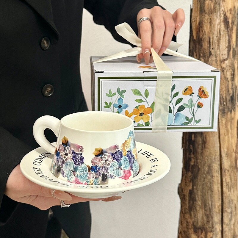 复古油画般水彩画陶瓷咖啡杯碟套装下午茶马克杯高级感伴手礼礼盒