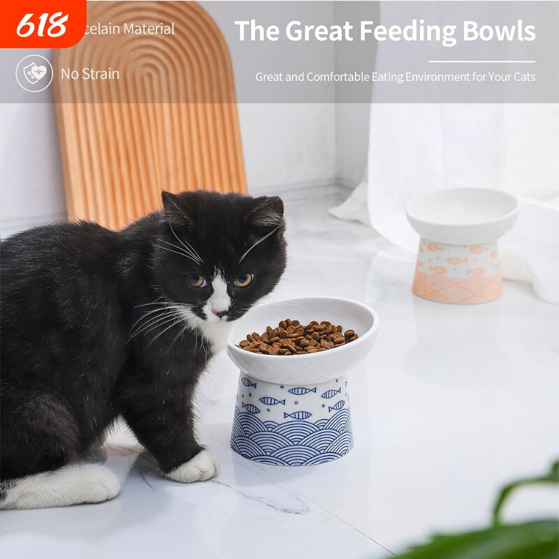 亚马逊小鱼图案猫食盆饮水碗平口斜口高脚护颈猫碗陶瓷狗碗宠物碗