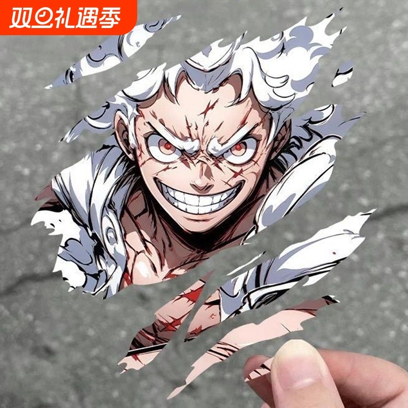 卡通热漫海贼王路飞尼卡形态来袭个性装饰车贴头盔撕裂风格贴纸