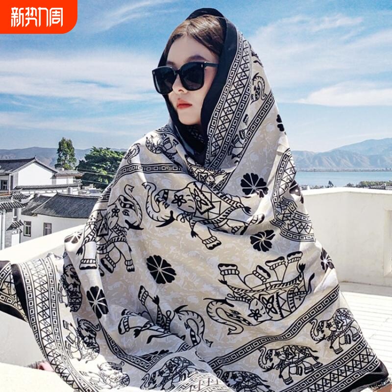 民族风围巾防晒披肩女云南青海旅游穿搭丝巾海边沙滩纱巾薄款春秋