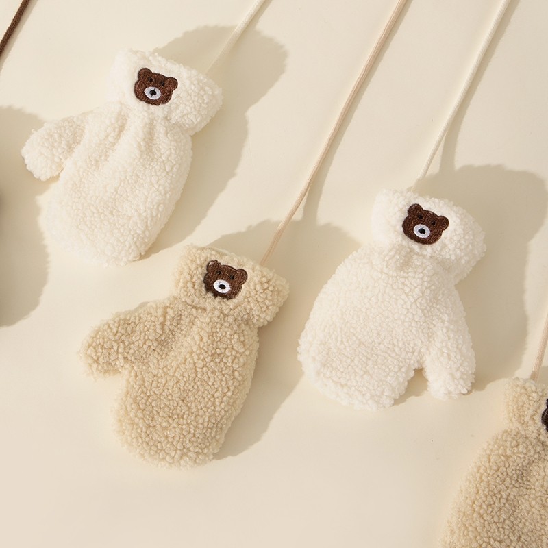 羊羔绒儿童手套秋冬季全包手指宝宝挂脖连指男童女童户外防风防寒