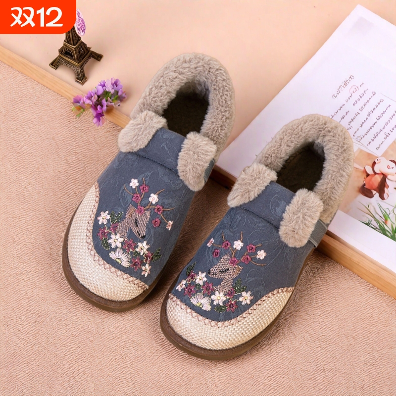 女2025冬季民族风老北京布鞋保暖妈妈鞋新中式棉鞋加绒加厚绣花鞋