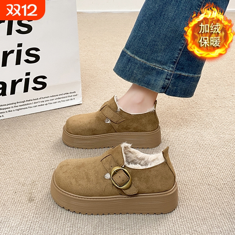 他她女孩加绒勃肯鞋女2025年新款冬季厚软底保暖一脚蹬乐福鞋穆勒