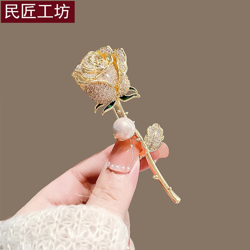 民匠工坊玫瑰花胸针满钻大方