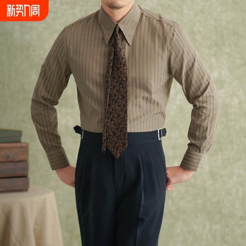 休闲格子衬衫男长袖春季商务免烫修身上衣绅士尖衬衣白色领带咖色