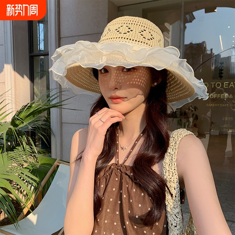 法式蕾丝草编渔夫帽子女夏季户外出游防晒帽大帽檐镂空透气太阳帽
