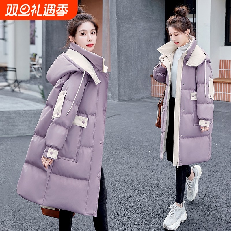 紫色羽绒服女冬季2025年新款中长款欧货加厚保暖连帽大袄过膝黑色