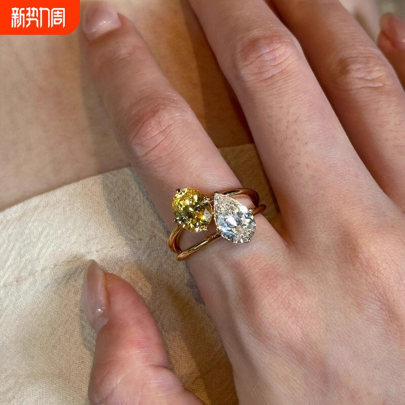 富贵感vintage双色水滴锆石戒指精致轻奢小众设计感交织钻食指
