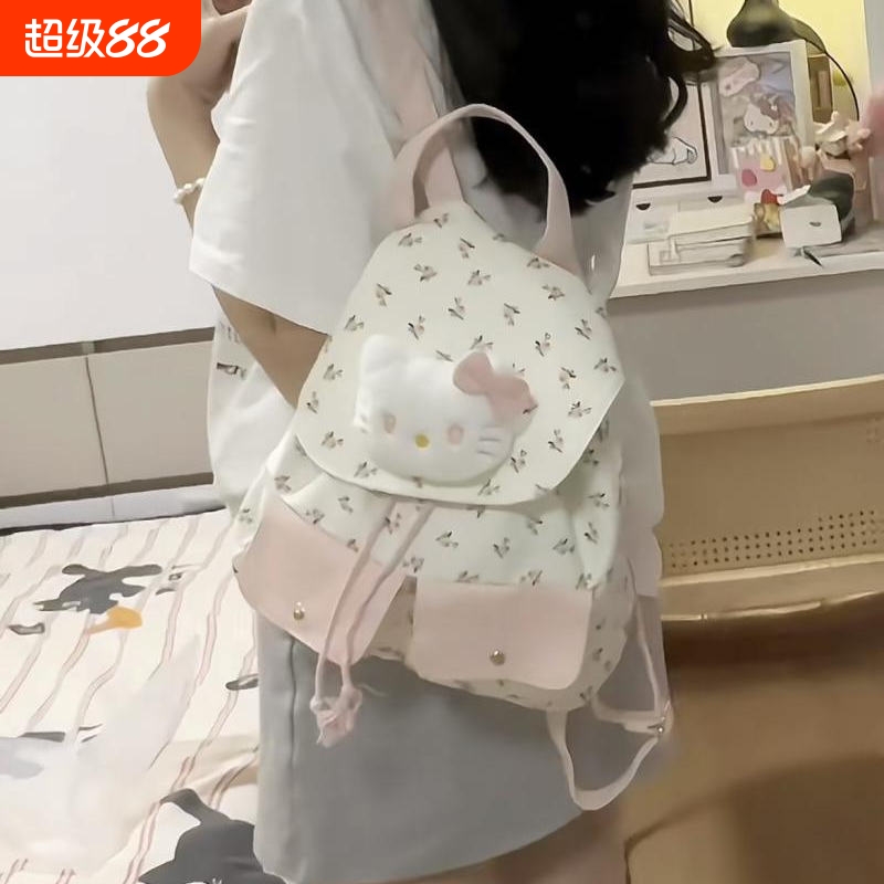 春季新款可爱卡通猫咪碎花帆布双肩包高颜值少女背包通勤大容量包