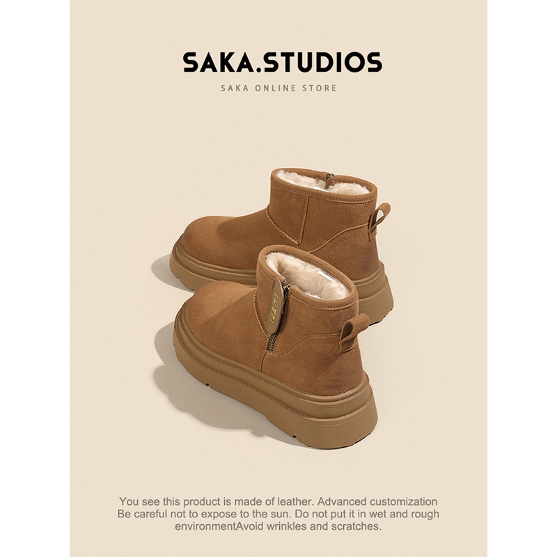 saka真皮！雪地靴女2025冬季防滑加绒棉鞋女短靴防水毛绒卡其色