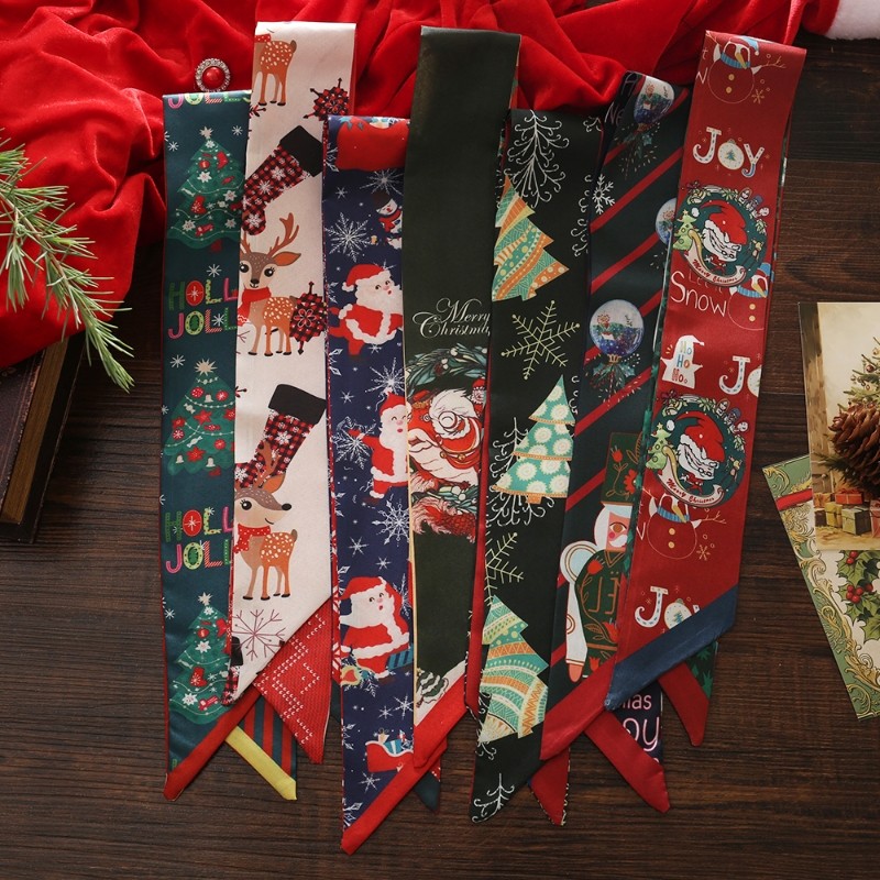 爆款圣诞新年细窄丝巾小长条女春秋新款百搭发带领巾百搭装饰发饰