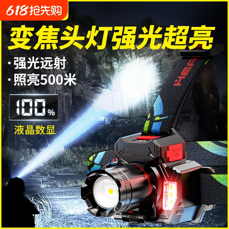 变焦头灯2026新款强光超亮充电感应钓鱼专用户外矿灯头戴式