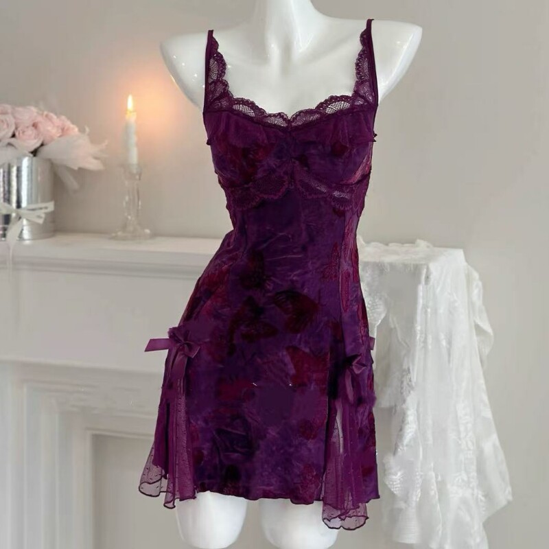 DZ性感蝴蝶蕾丝加胸垫深V诱惑挂脖吊带睡裙外袍家居套