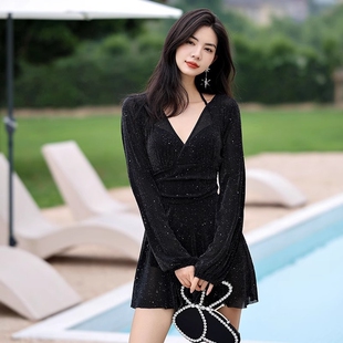 防晒显瘦遮肚高级感度假温泉泳装 保守长袖 连体2026新款 泳衣女裙式