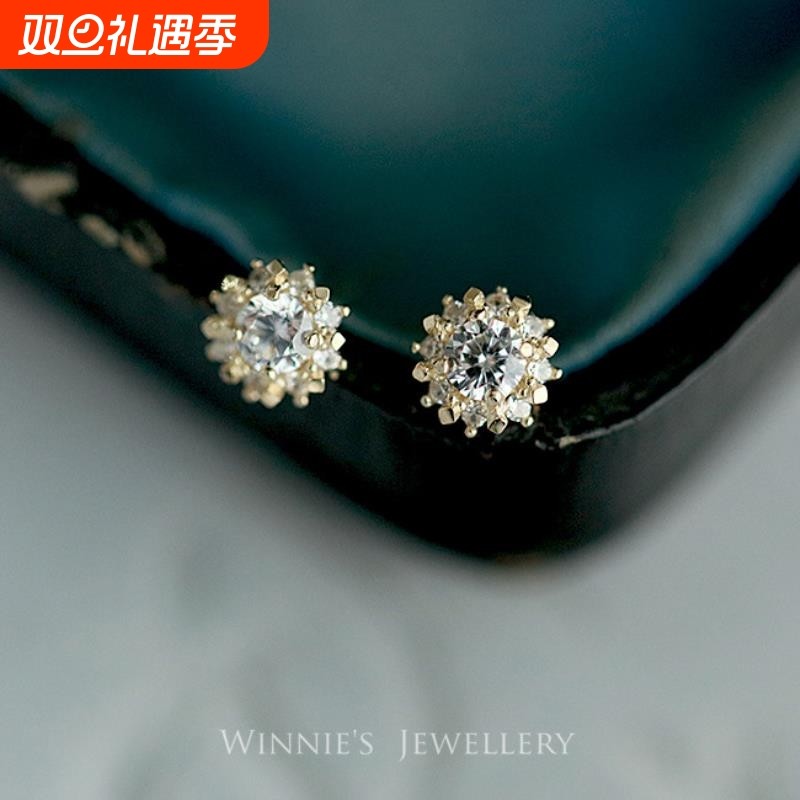 925纯银镀14k黄金耳钉 温暖小太阳 华丽复古宫廷风镶锆钻迷你