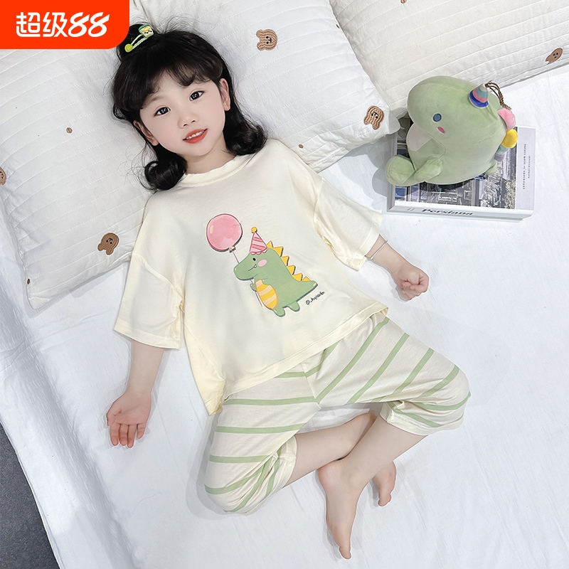 2025夏季新款女童睡衣莫代尔七分袖套装女孩亲子家居服空调服薄款