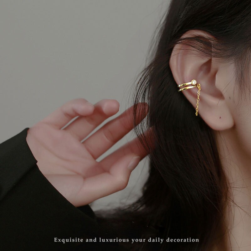 925纯银链条锆石耳夹女气质爆款冷淡风耳环ins小众设计耳骨夹Y