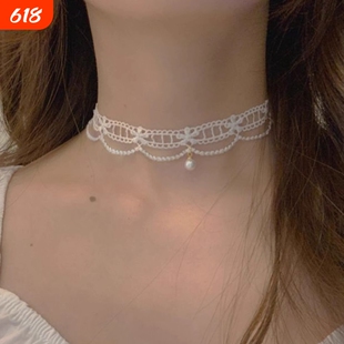 choker项链女白色蕾丝珍珠颈链少女气质项圈颈带超仙锁骨链脖饰