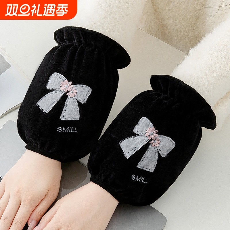 秋冬可爱绒布短款袖套女成人工作羽绒服防脏污学生护袖黑色粉色