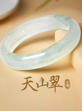 天然天山翠手镯女款新疆冰种雪翠玉镯高冰绿色飘花金丝玉正品