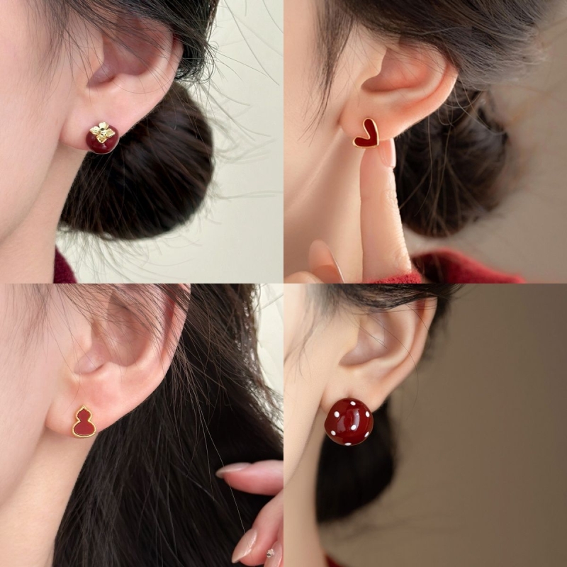 滴釉红色柿柿如意耳钉女秋冬轻奢高级感耳环小众耳饰2025新款爆款
