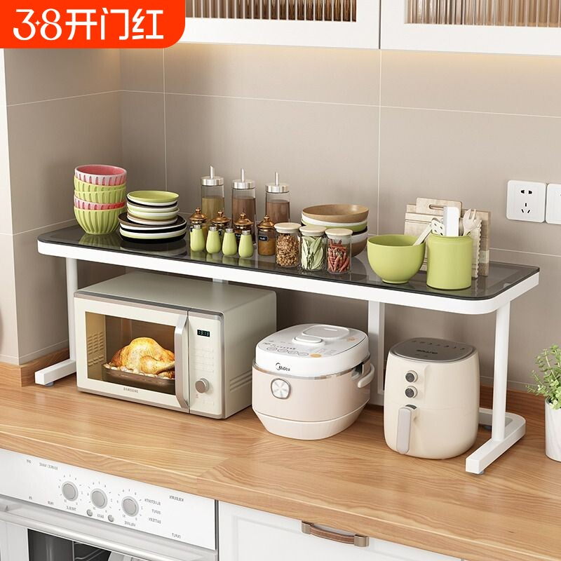 厨房置物架钢化玻璃一字板台面微波炉架子灶台收纳架省空间多层
