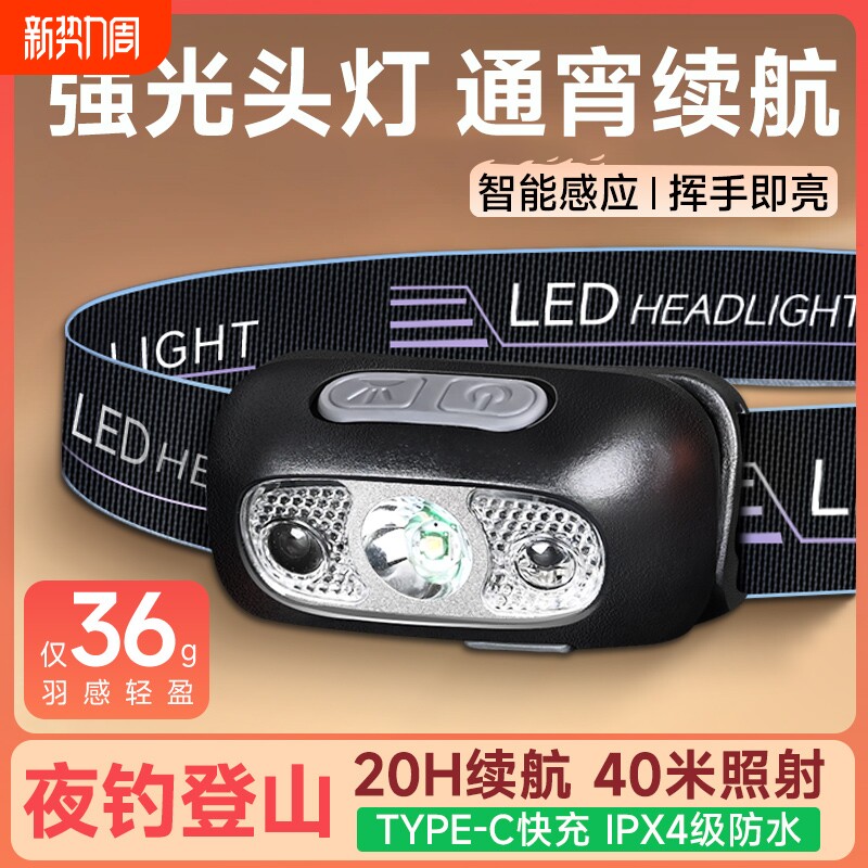 头灯强光充电超亮感应头戴式轻量照明户外钓鱼夜钓手电筒超长续航