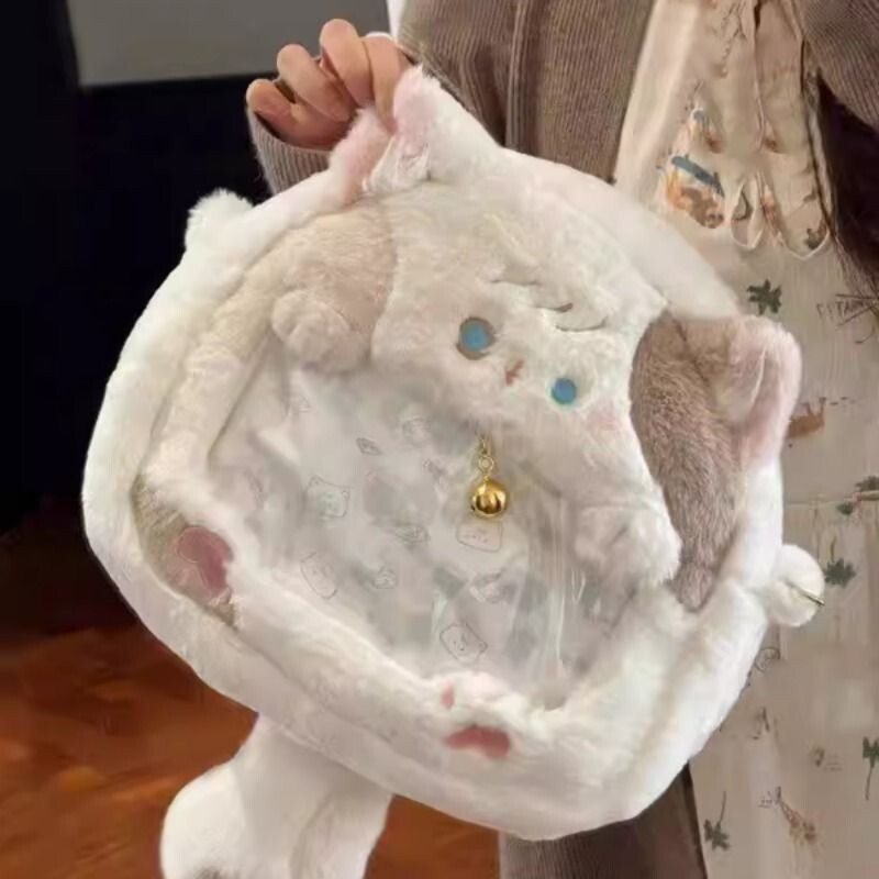 可爱猫咪痛包日系jk毛绒包包二次元透明谷子包卡通双肩包白色蓝色