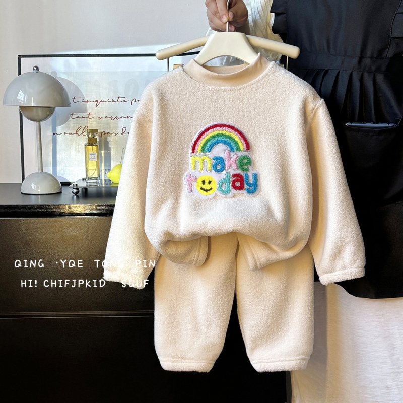 HM童装加绒加厚儿童睡衣男女童韩版保暖套装冬季双面绒