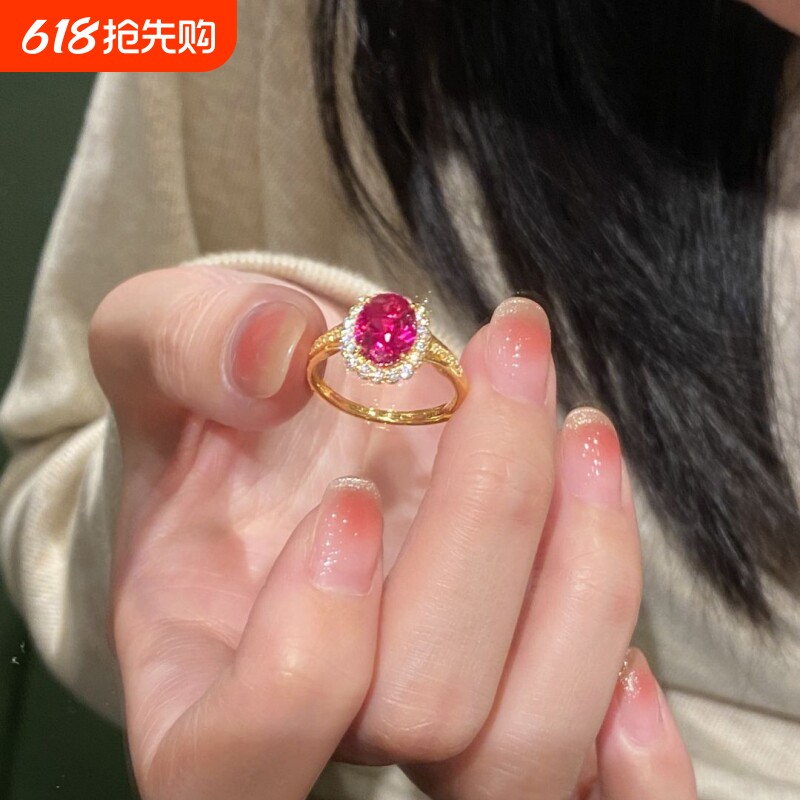中古风鸽子蛋玫红锆石戒指女小众镶钻金色指环时尚轻奢高级感手饰
