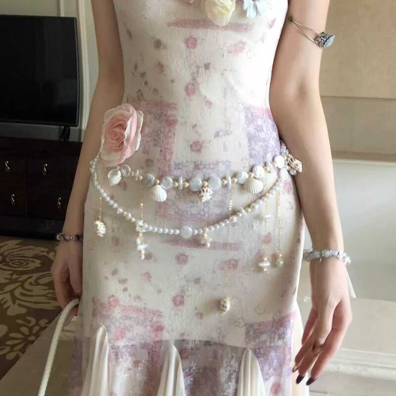 锁骨链度假风叠戴贝壳流苏珍珠腰链女配裙子腰带海边新中式装饰品