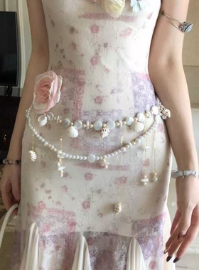 沙滩度假风叠戴贝壳流苏珍珠腰链女配裙子腰带海边装饰品多层锁骨