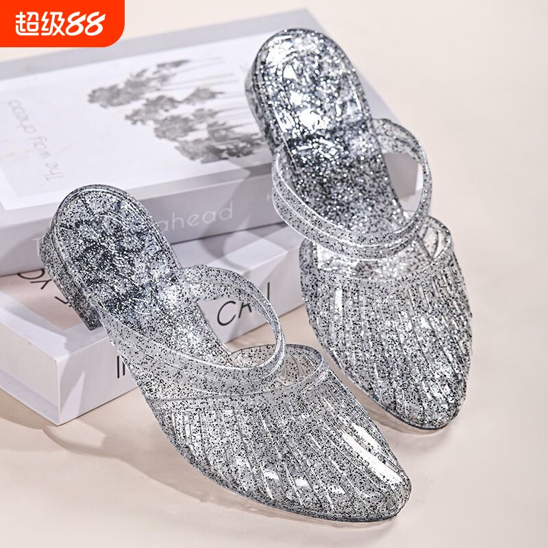 两穿凉拖鞋水晶塑料ins果冻透明防滑女夏季尖头镂空鞋子粗跟中跟