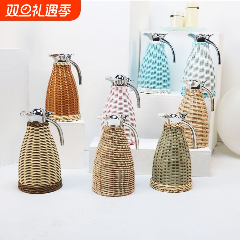 藤编304不锈钢真空保温壶暖水瓶手工编织欧式咖啡壶热水瓶家用2L