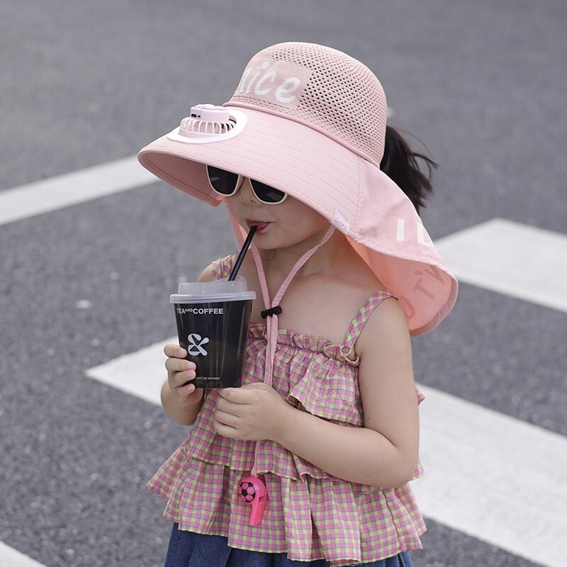 儿童防晒帽遮阳风扇帽夏天男孩nice字母女孩太阳帽户外大檐披肩帽图片