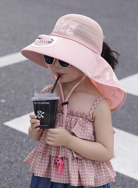 儿童防晒帽遮阳风扇帽夏天男孩nice字母女孩太阳帽户外大檐披肩帽