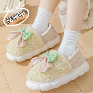 2025新款 绿色多规格 冬天外穿家居厚底毛绒棉拖鞋