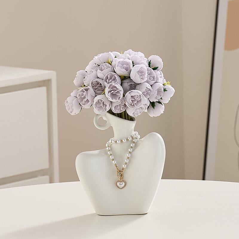 仿真花27头小牡丹假花手捧花家居摆件陶瓷锁骨女神花瓶