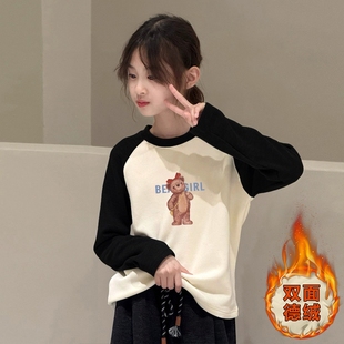 保暖上衣潮加绒 儿童女孩百搭修身 女童印花拼接德绒打底衫 春秋新款