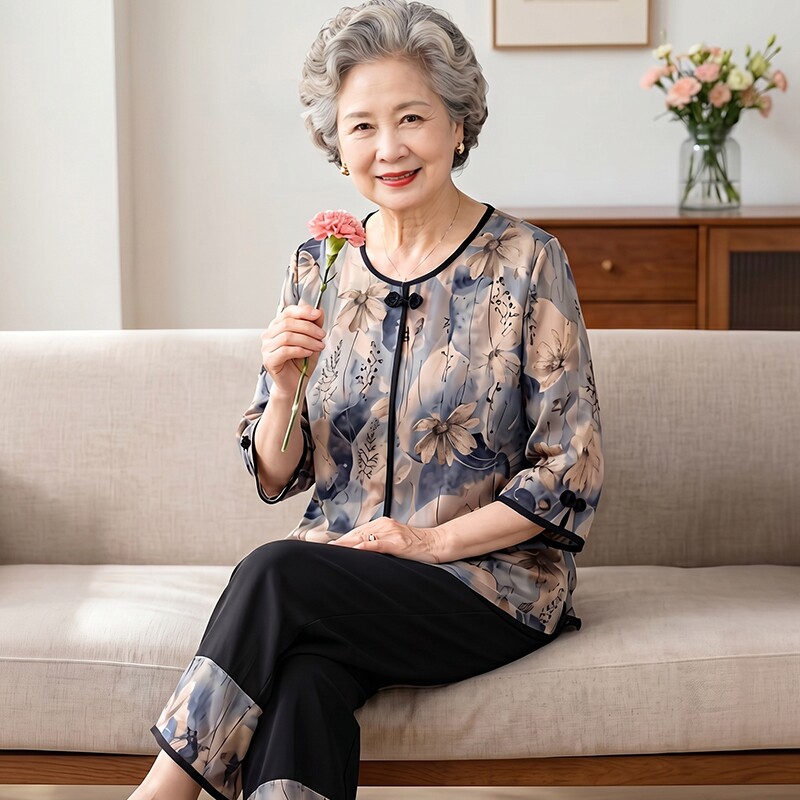 奶奶夏季短袖套装中老年女装妈妈端庄大气上衣老人老太太夏装衣服