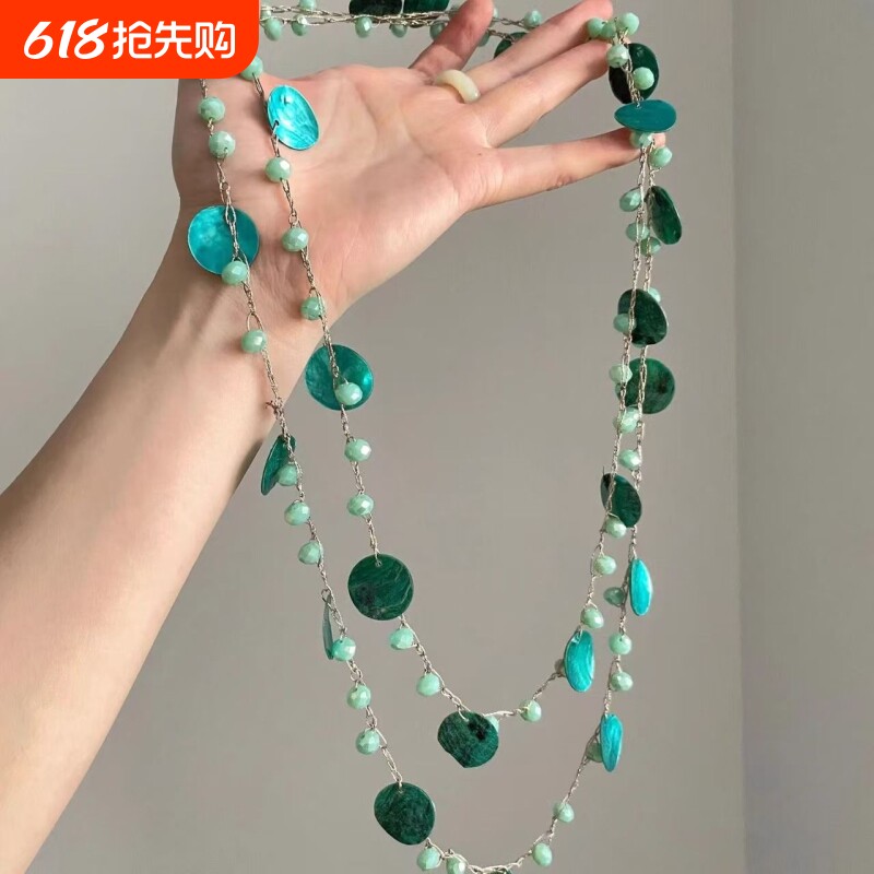 复古小众绿色仿贝壳项链女波西米亚民族风长款叠戴毛衣链多戴法