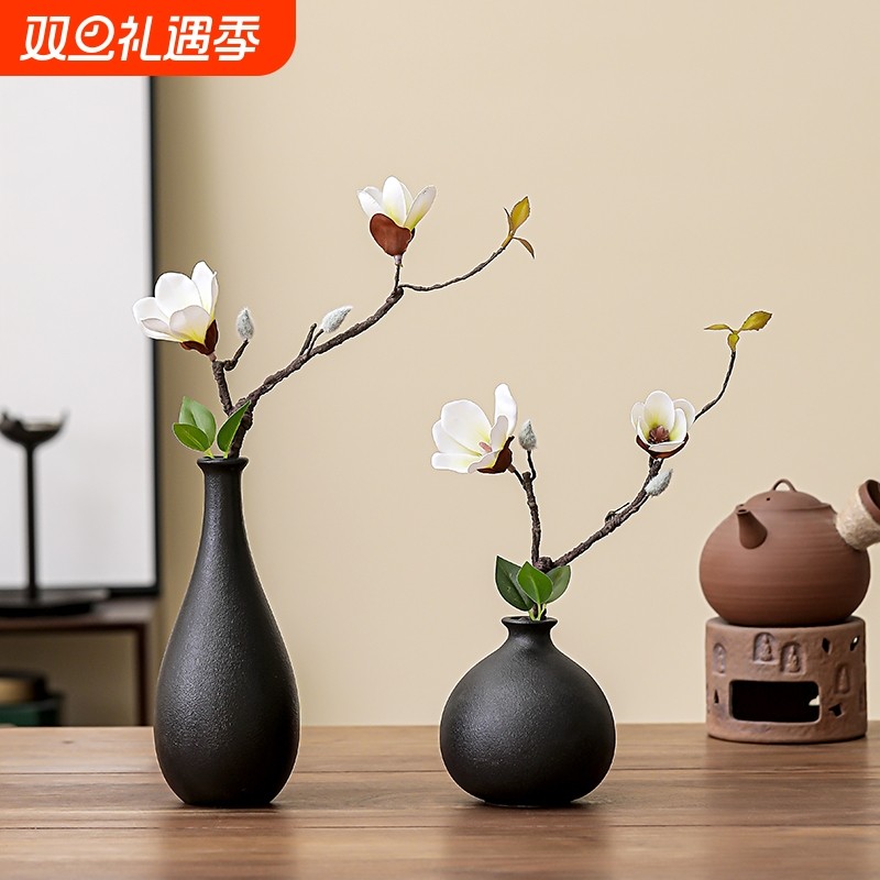 陶瓷桌面花瓶高级感禅意黑色中式复古装饰摆件插花玄关客厅电视柜